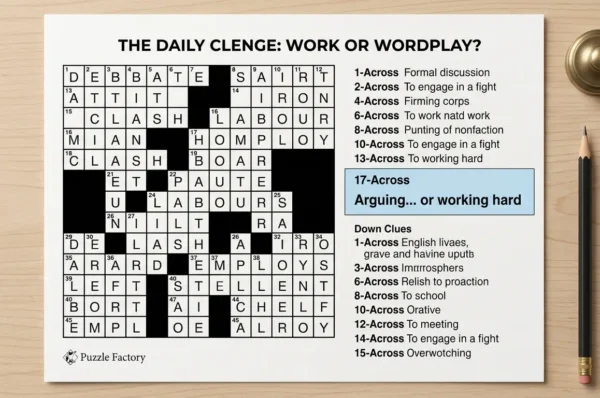 Arguing … or working hard Crossword Clue