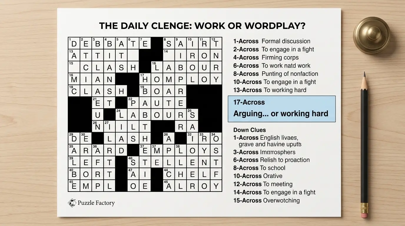 Arguing … or working hard Crossword Clue
